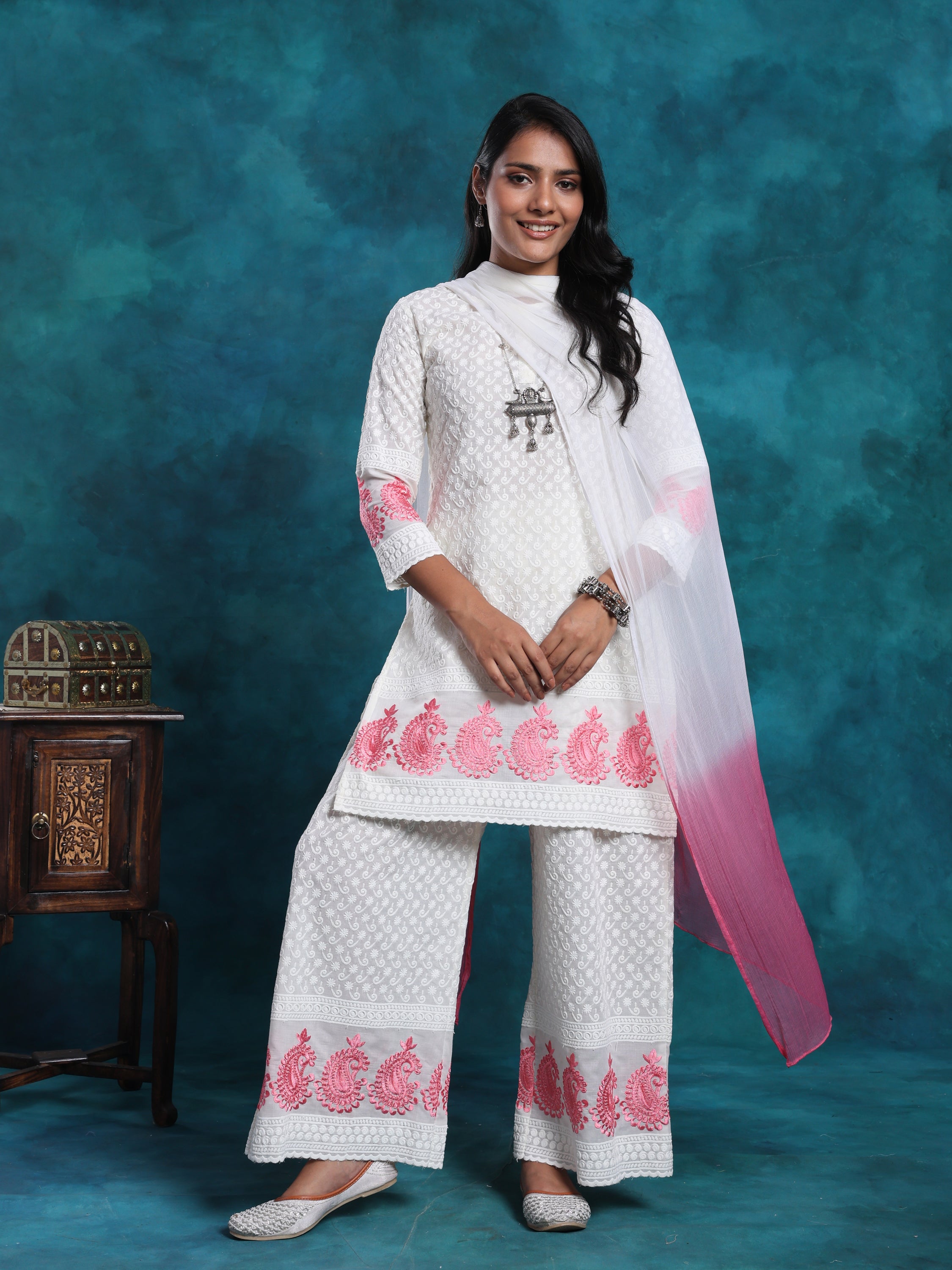 Schiffly Chikan Pink & White Embroidered Suit Set