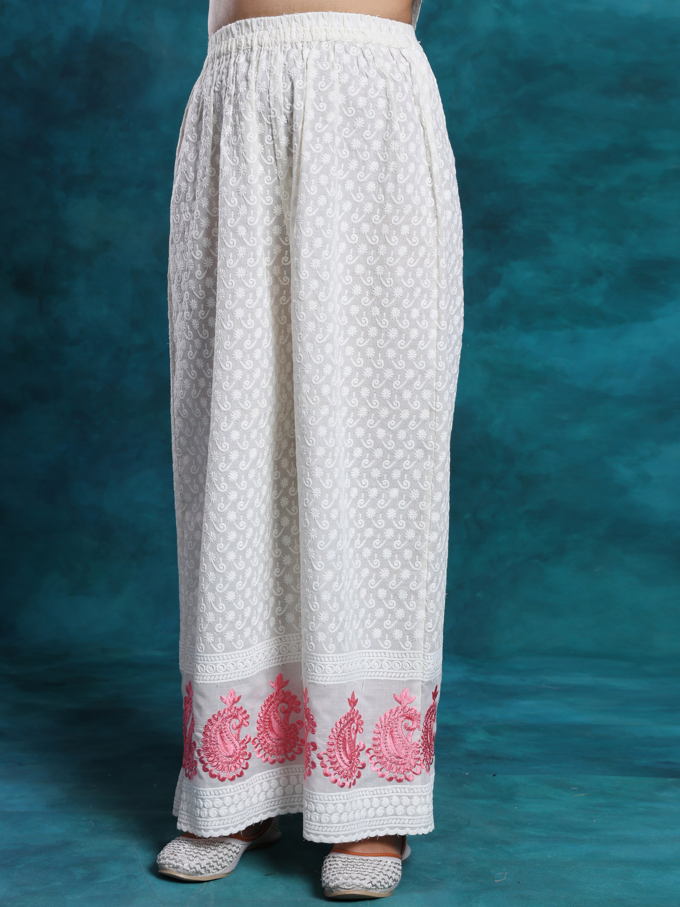 Schiffly Chikan Pink & White Embroidered Suit Set