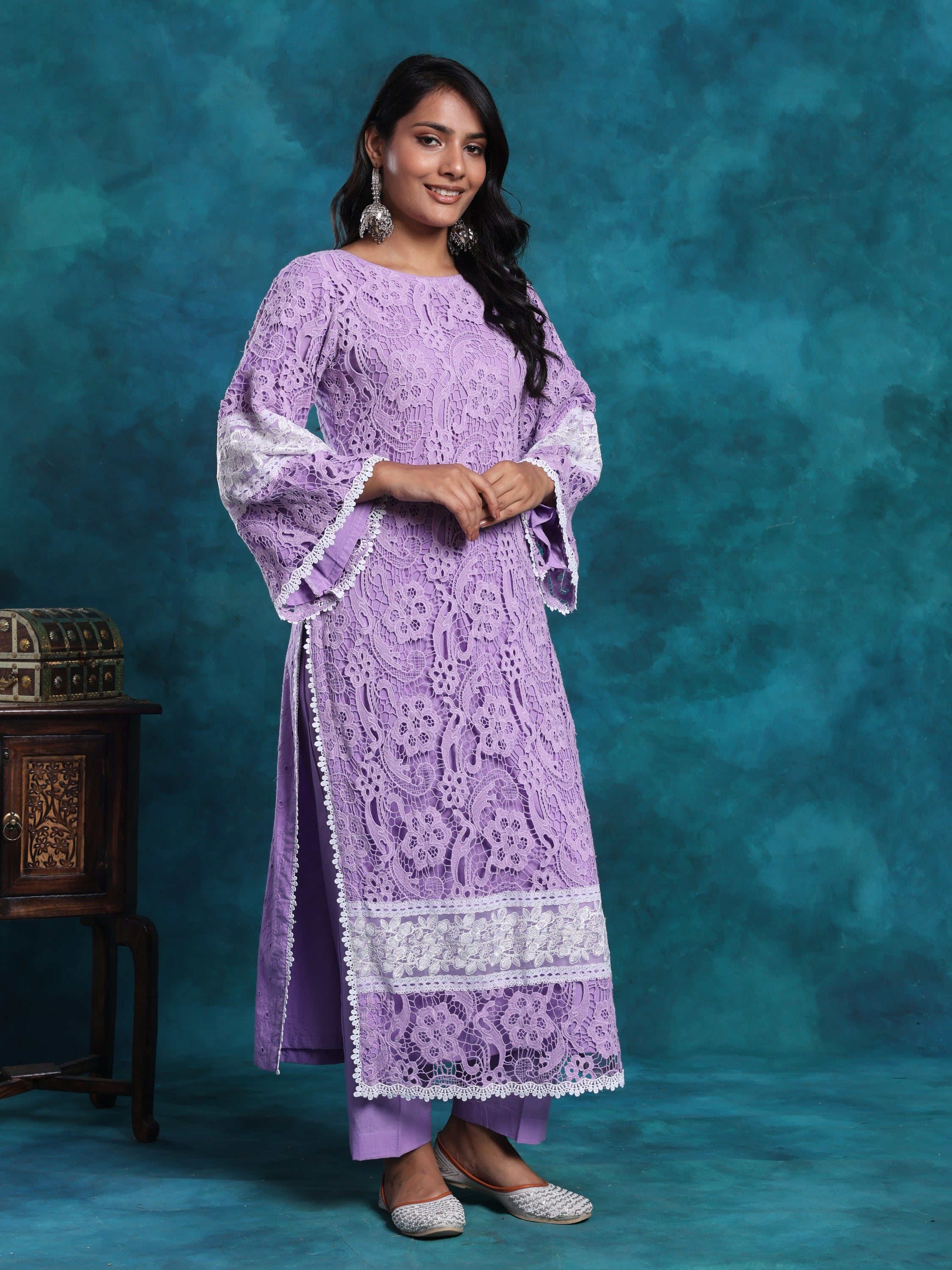 Mauve With White Pakistani Style Schiffly Chikan Suit In Cotton