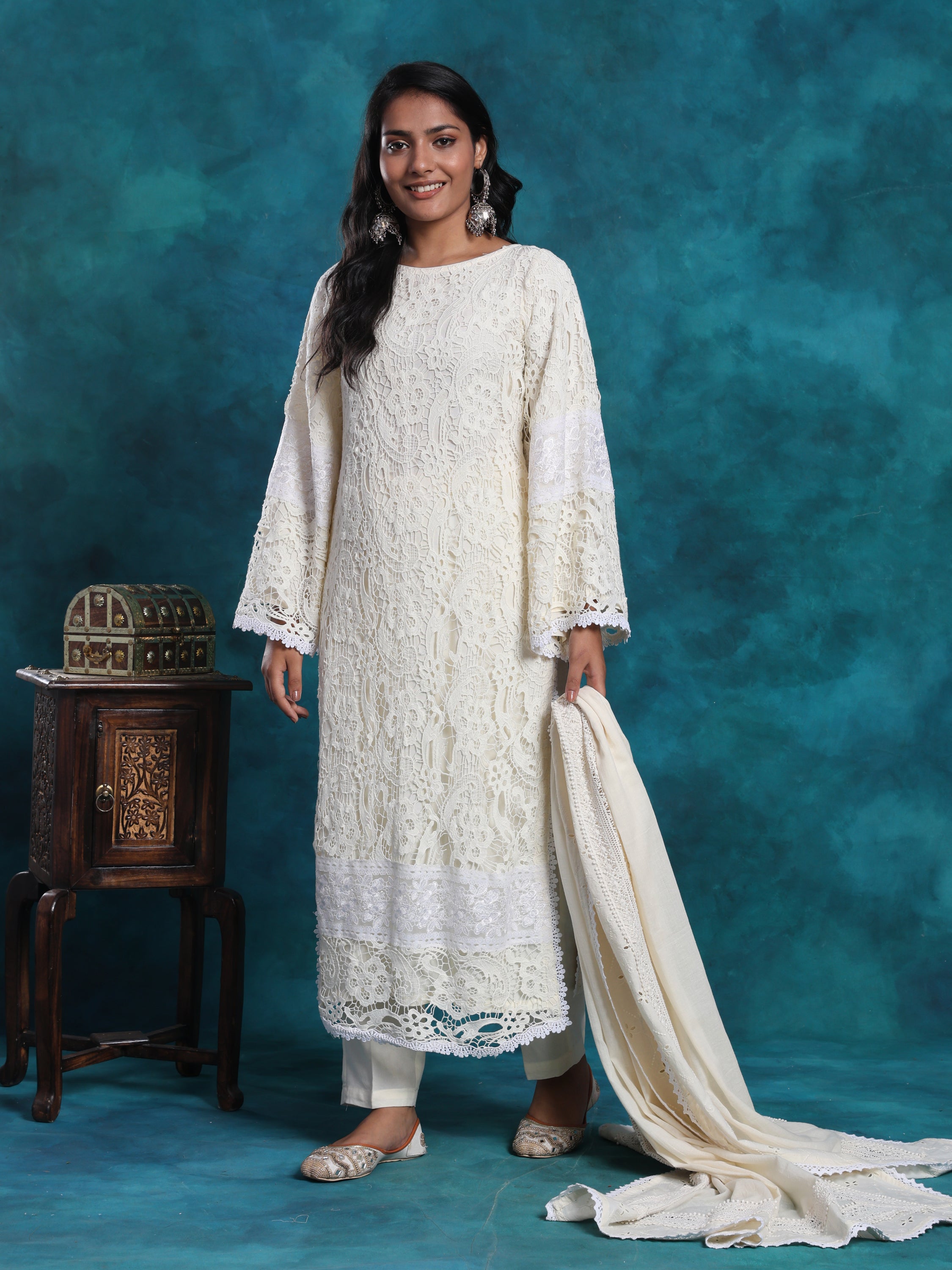Ivory Pakistani Style Schiffly Chikan Suit In Cotton
