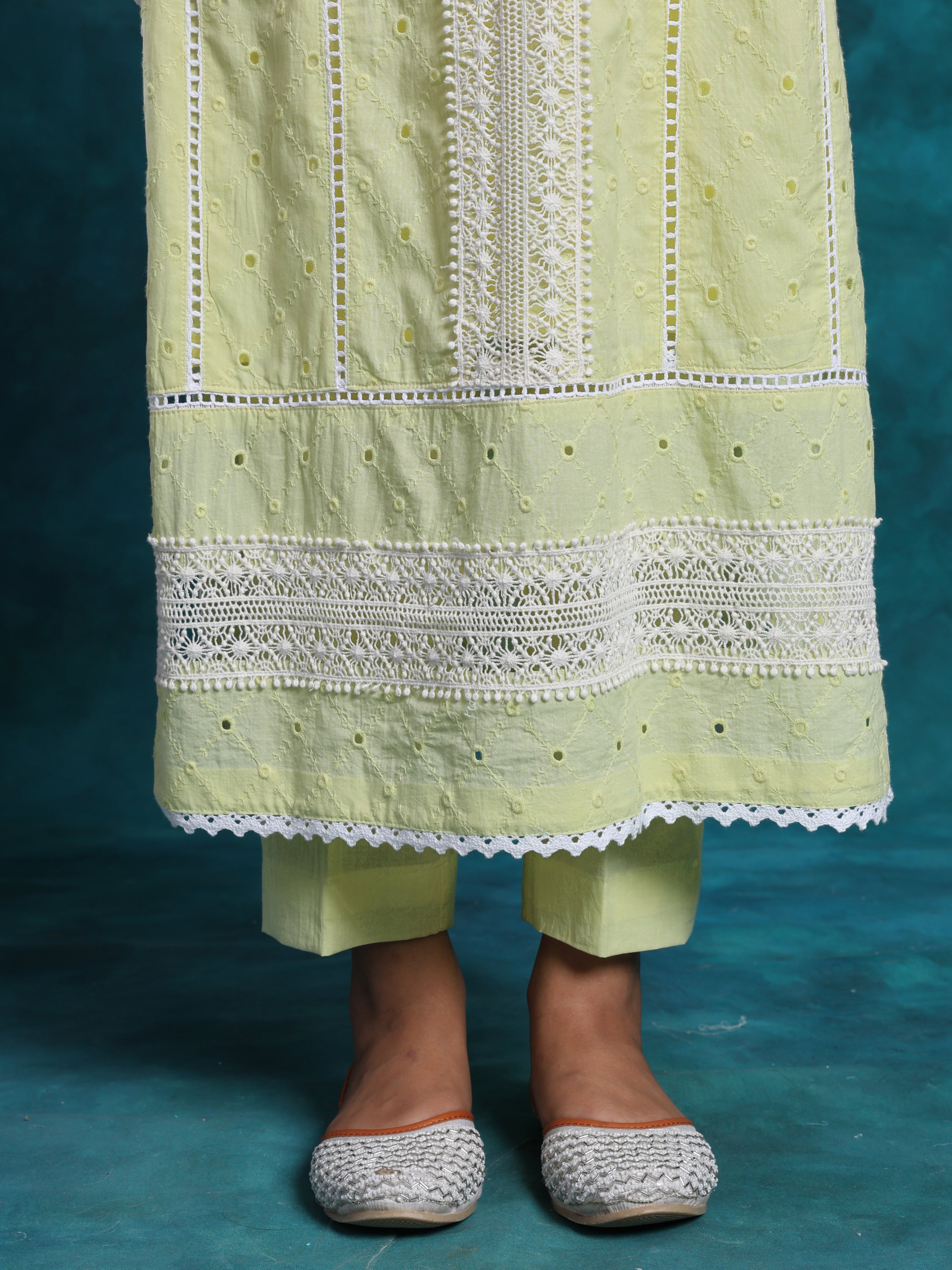 Lemon Pakistani Style Schiffly Chikan Suit In Cotton