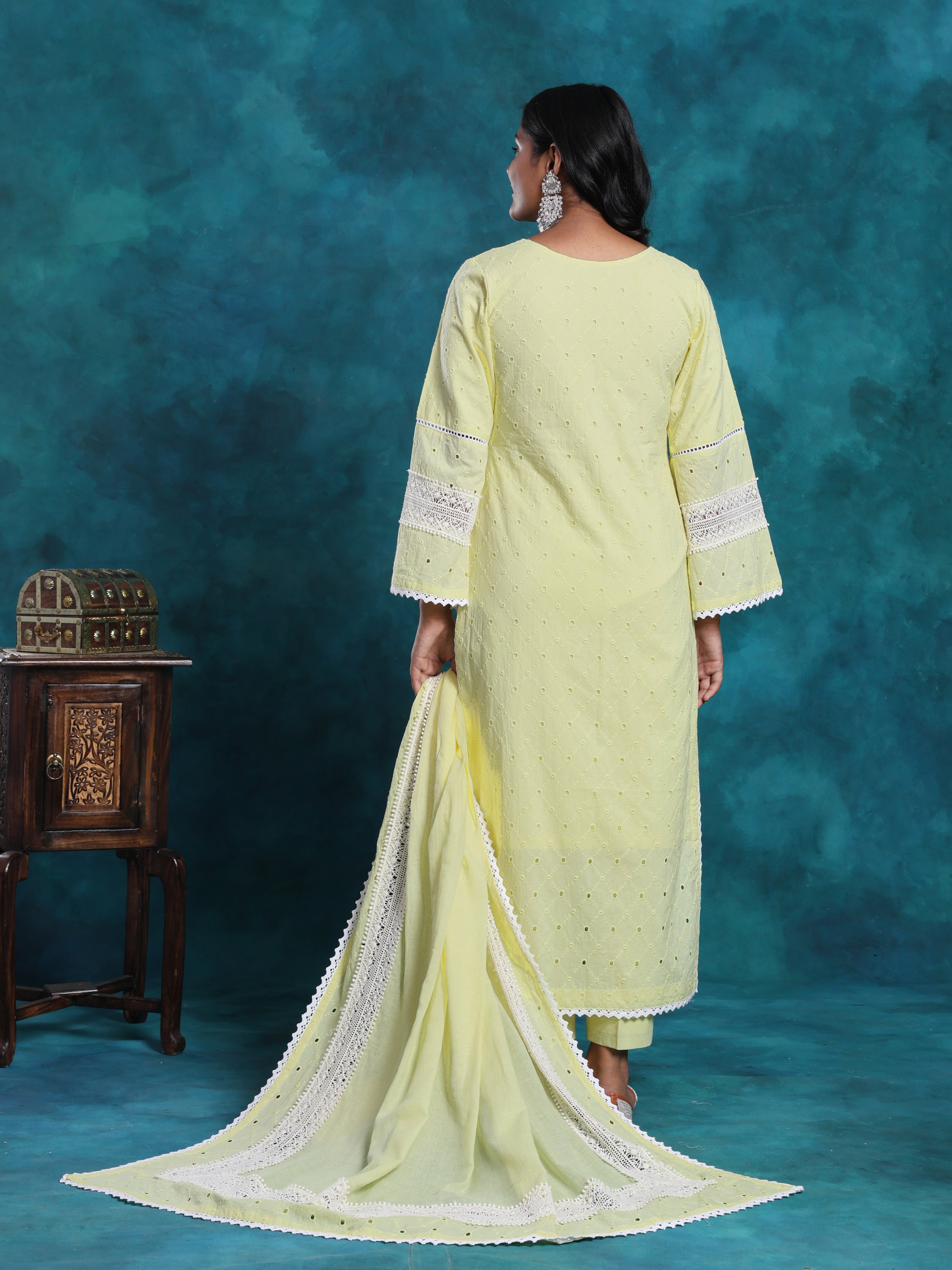 Lemon Pakistani Style Schiffly Chikan Suit In Cotton
