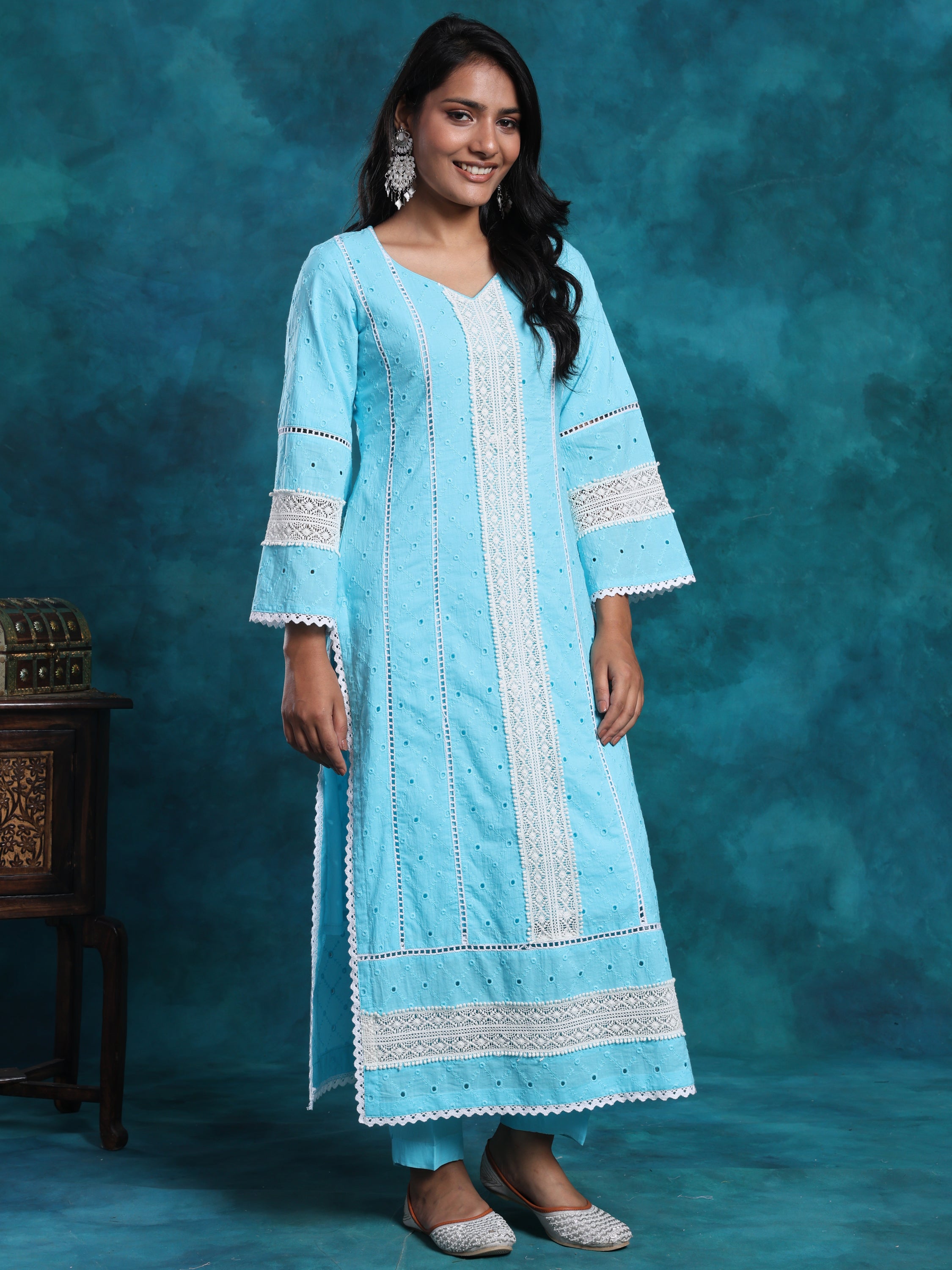 Aqua Blue Pakistani Style Schiffly Chikan Suit In Cotton