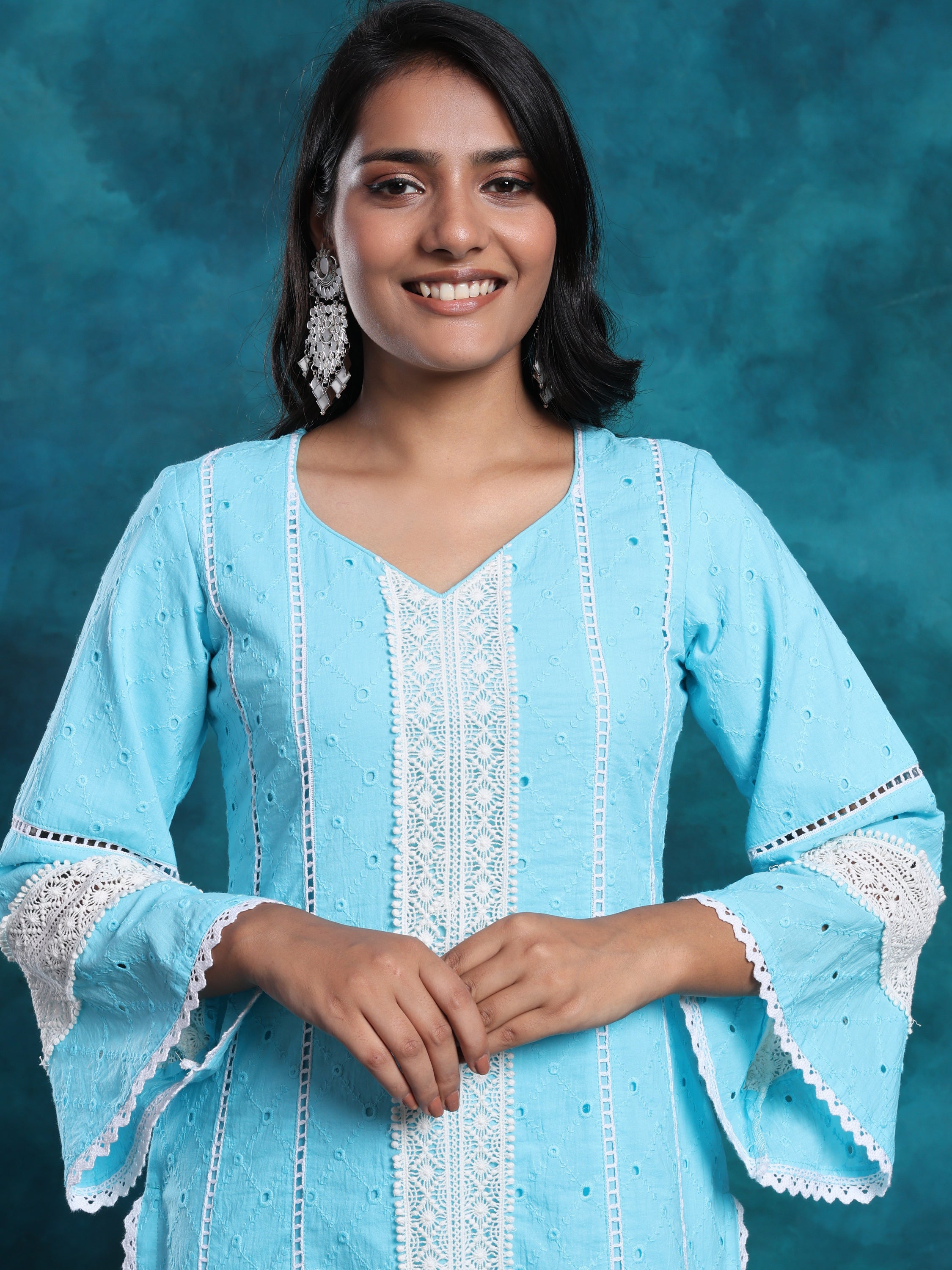 Aqua Blue Pakistani Style Schiffly Chikan Suit In Cotton