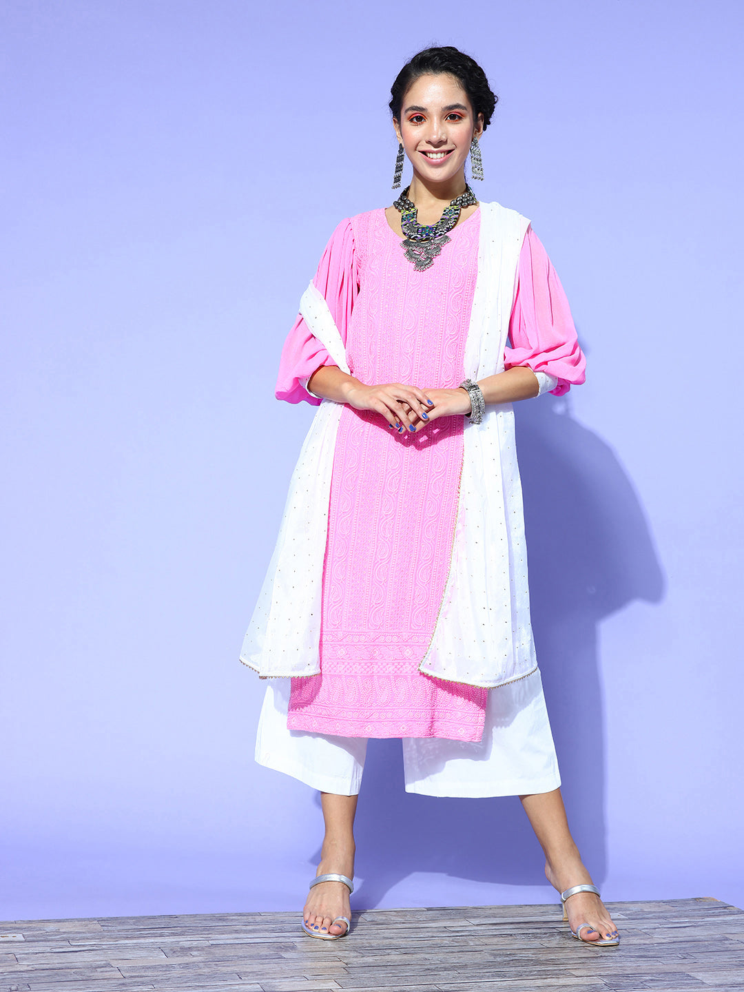Saadgi embroidered blush pink premium suit set with dupatta(set of 3)