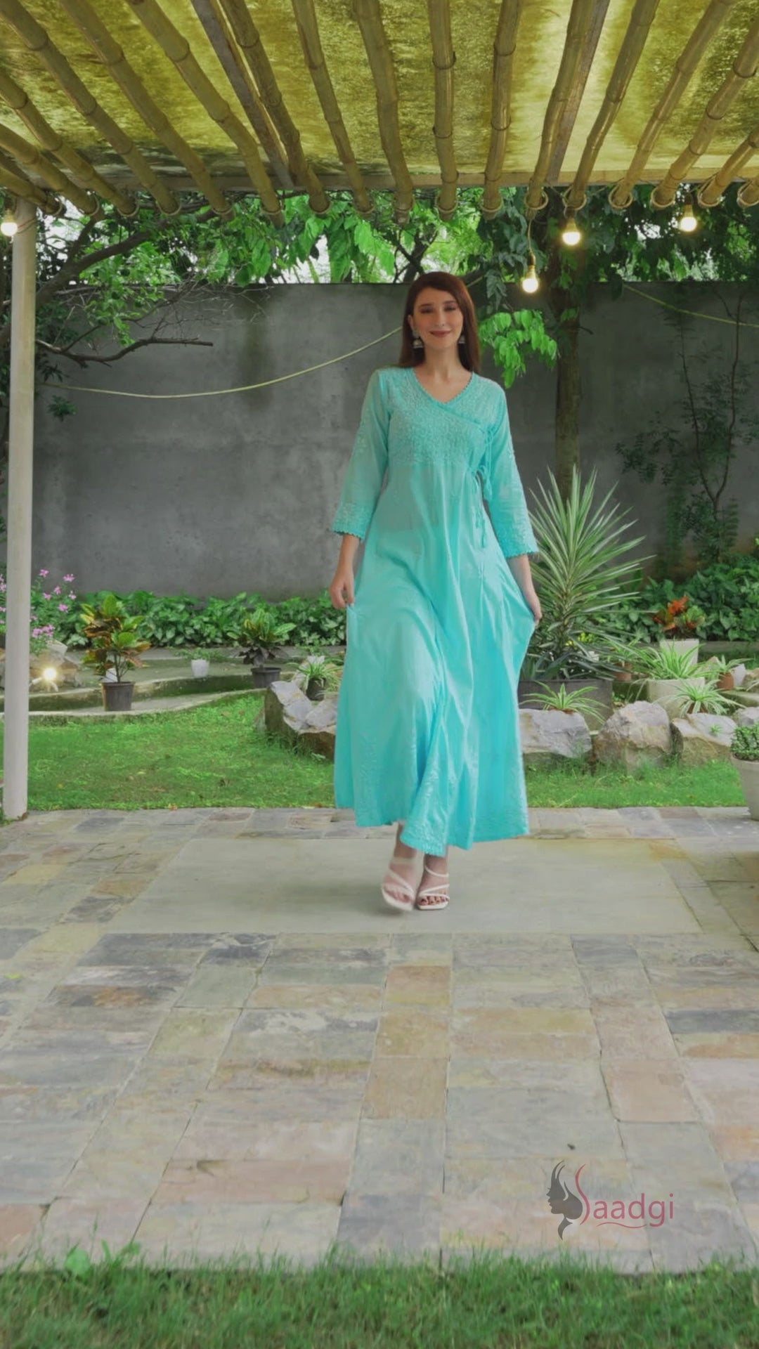Saadgi chikankari handembroidered pure cotton Aqua anarkali gown with pants